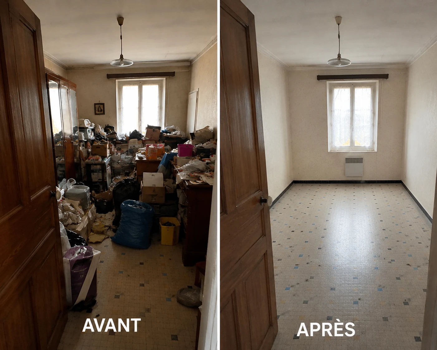 Avant et après un débarras complet de maison, pièce encombrée puis entièrement libérée