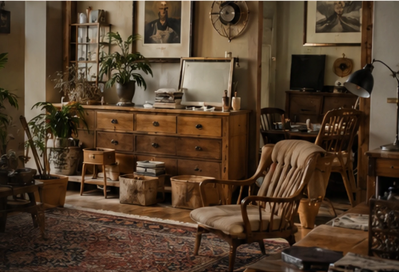 Intérieur chaleureux composé de mobilier et d’objets anciens