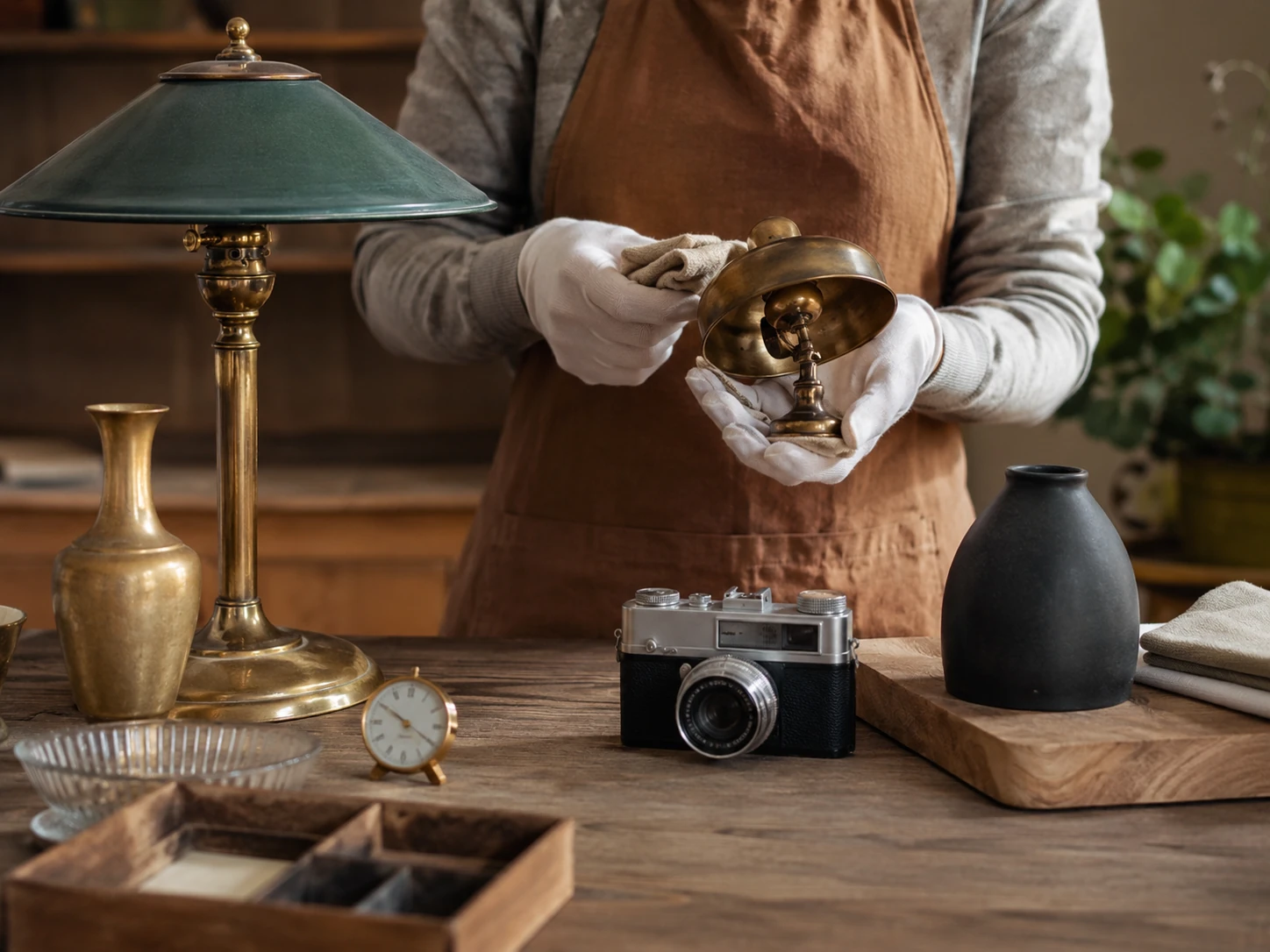 Préparation d'objets vintage sur un établi