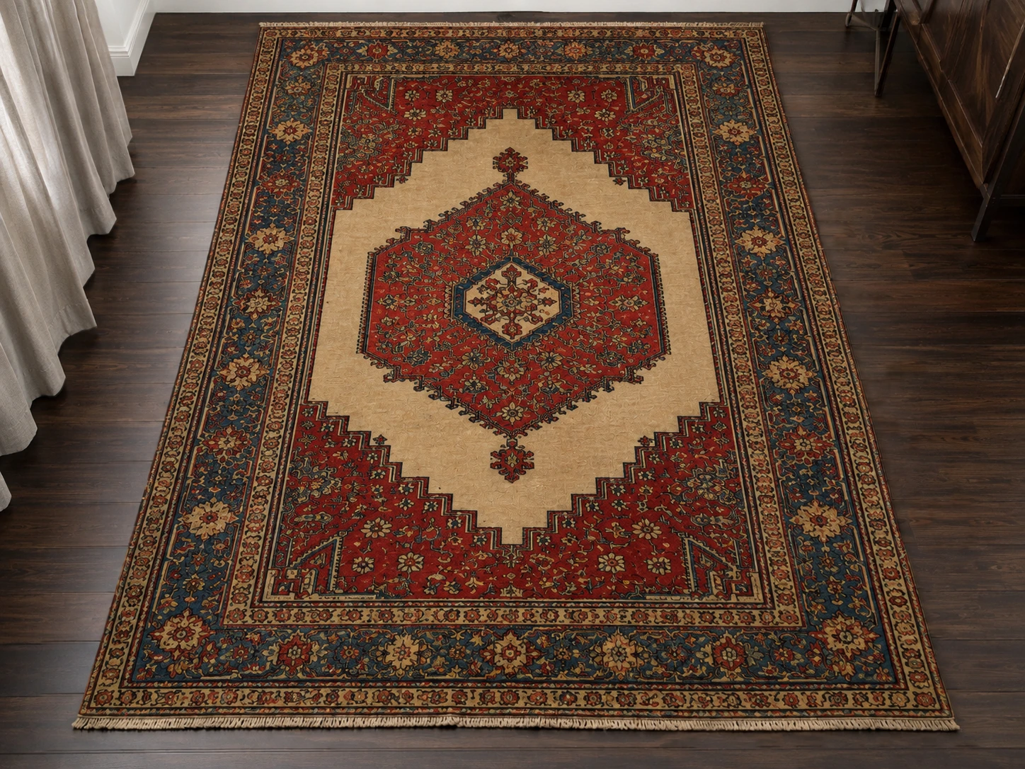 Tapis ancien après nettoyage avec couleurs ravivées